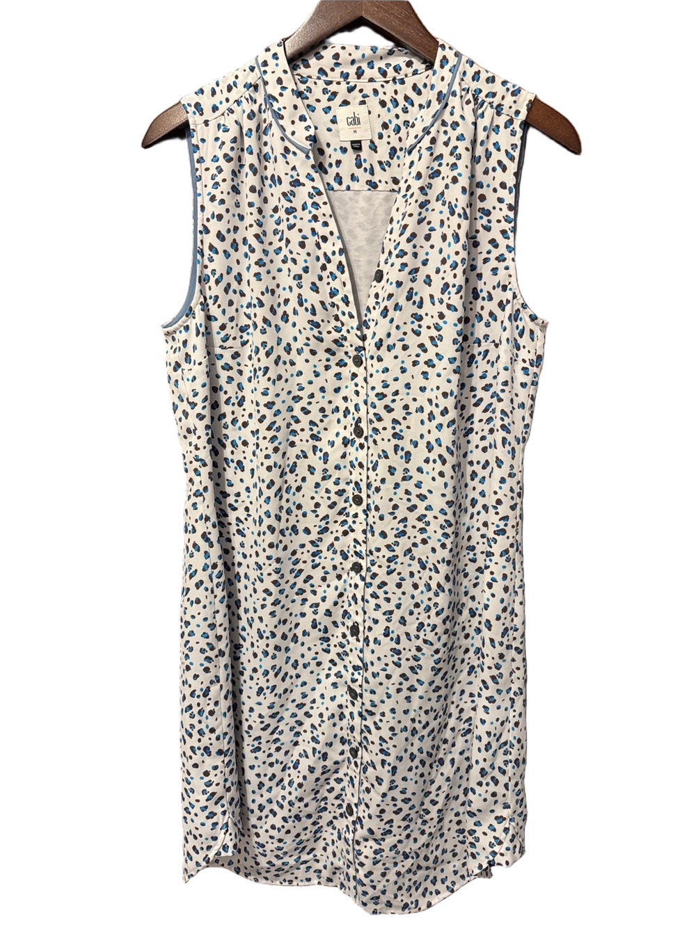CAbi White Sleeveless Button-Front Dress with Blue Leopard Spot Print Size M